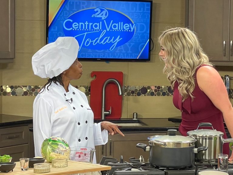 Chef Shakti Joy presenting Be Here Now soup on NBC’s Central Valley Today
